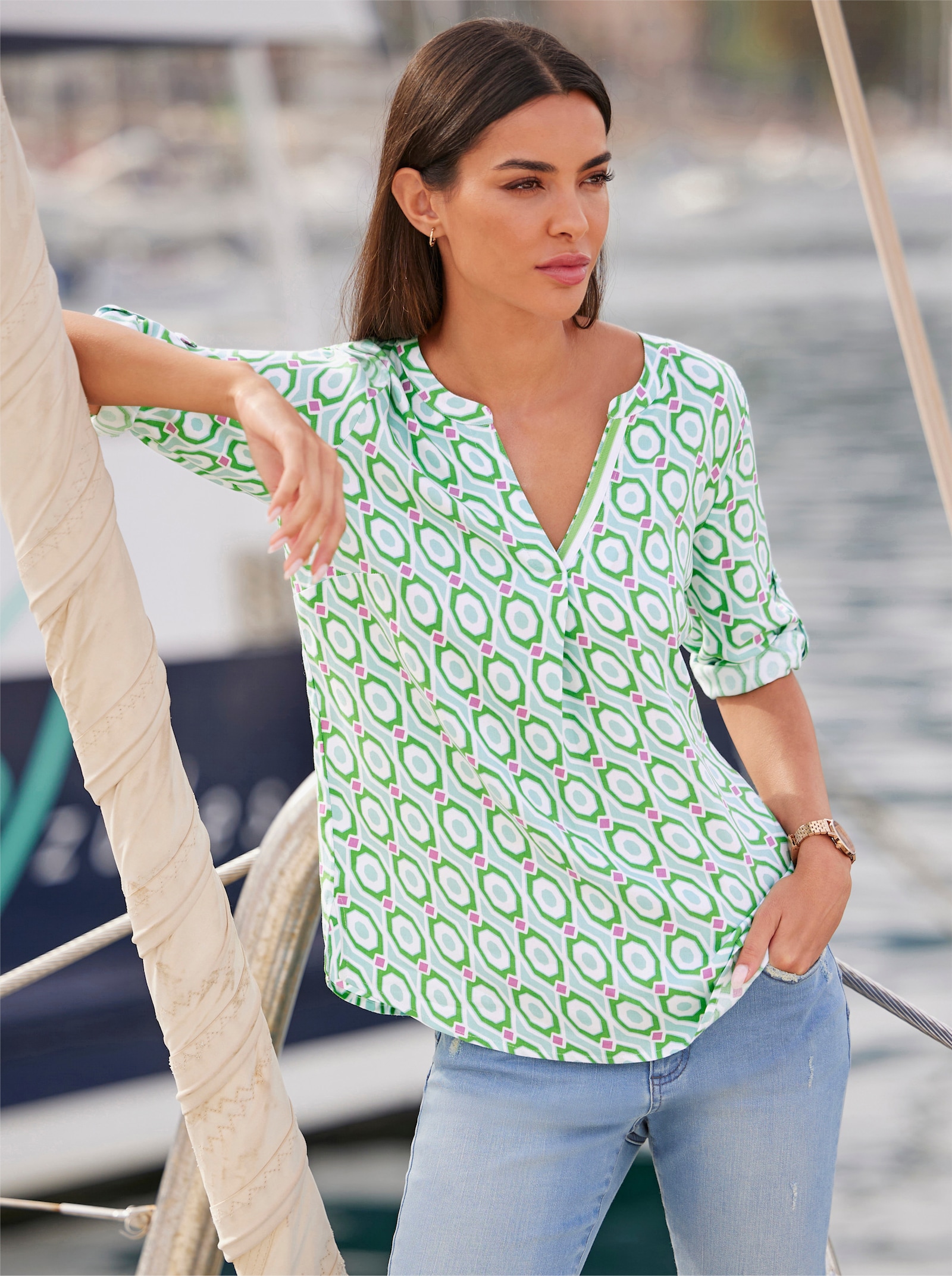 heine Schlupf-Bluse mit Seitenschlitzen - ecru-mint-bedruckt