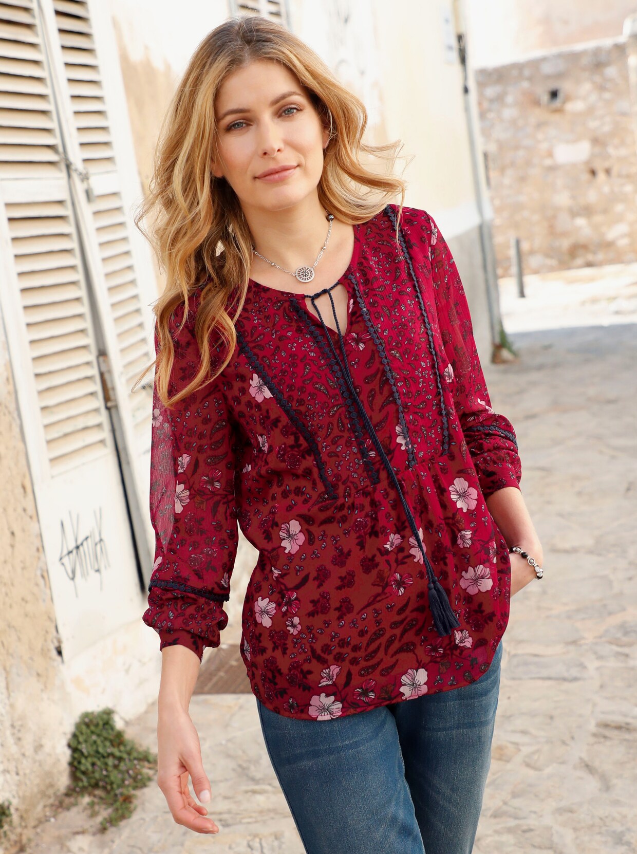 Comfortabele blouse - wijnrood geprint