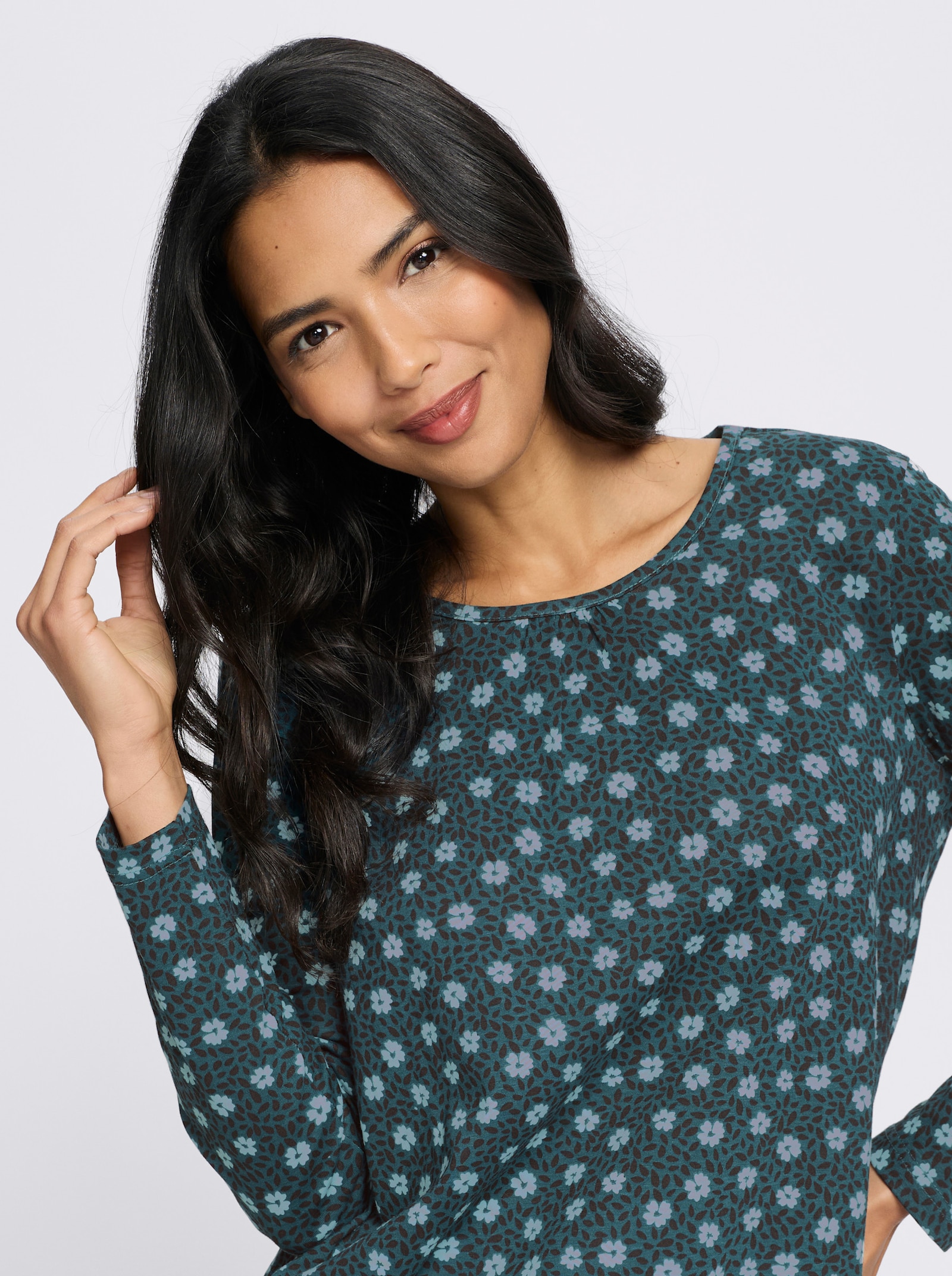 Longshirt in A-Linie - petrol-salbei-bedruckt