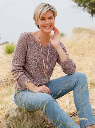 V-Ausschnitt-Pullover in attraktiver Melange-Optik - ecru-flamingo-meliert