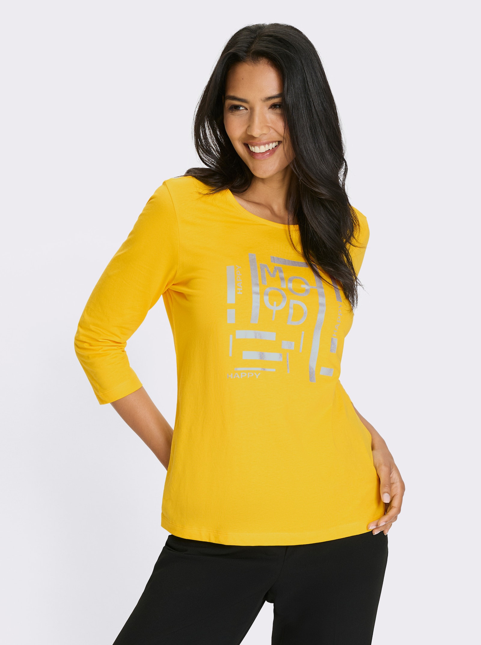 Shirt met 3/4-mouwen en zilverkleurige folieprint - zonnegeel