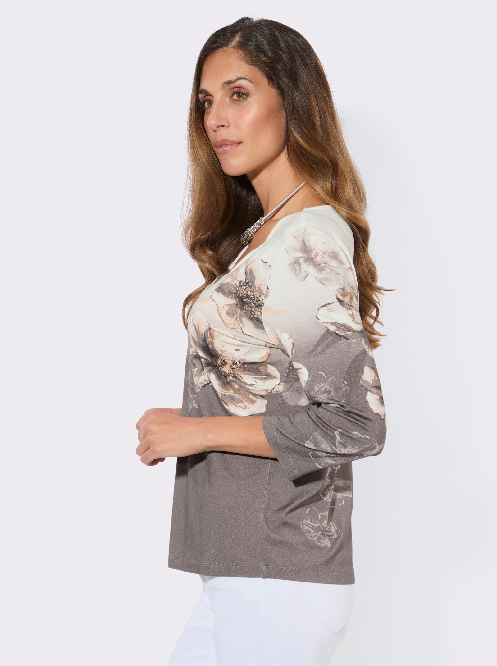 3/4-Arm-Shirt mit platziertem Blumenmuster - ecru-grau-bedruckt