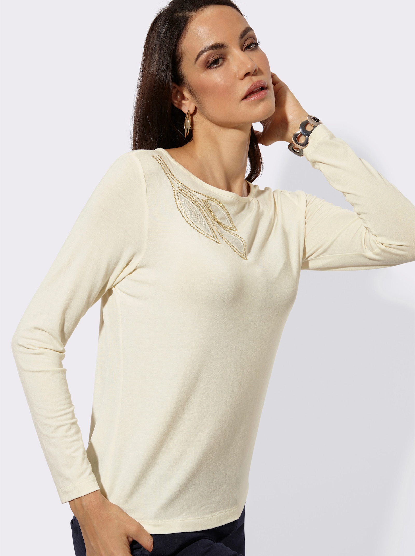 Langarmshirt mit Ziersteinchen - champagner