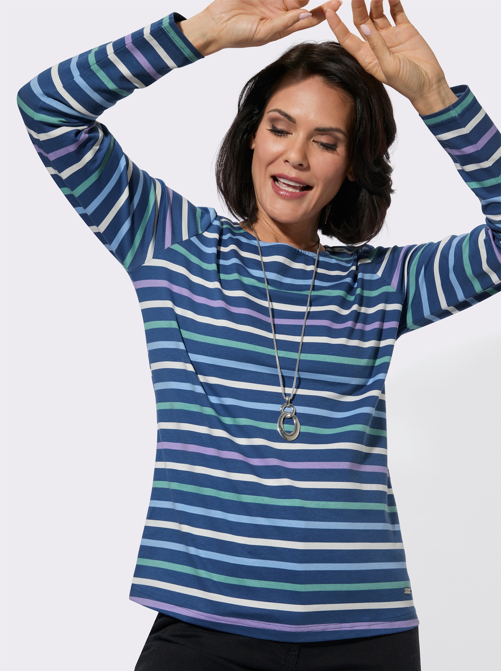 Print-Shirt mit langen Ärmeln - jeansblau-ecru-geringelt