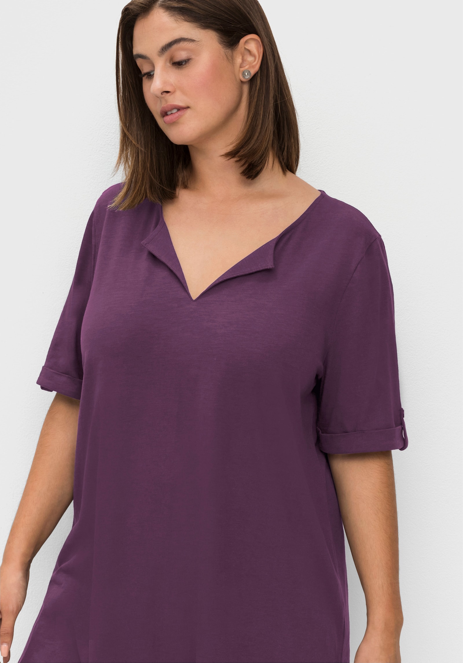sheego Lang shirt met hals met split - druif