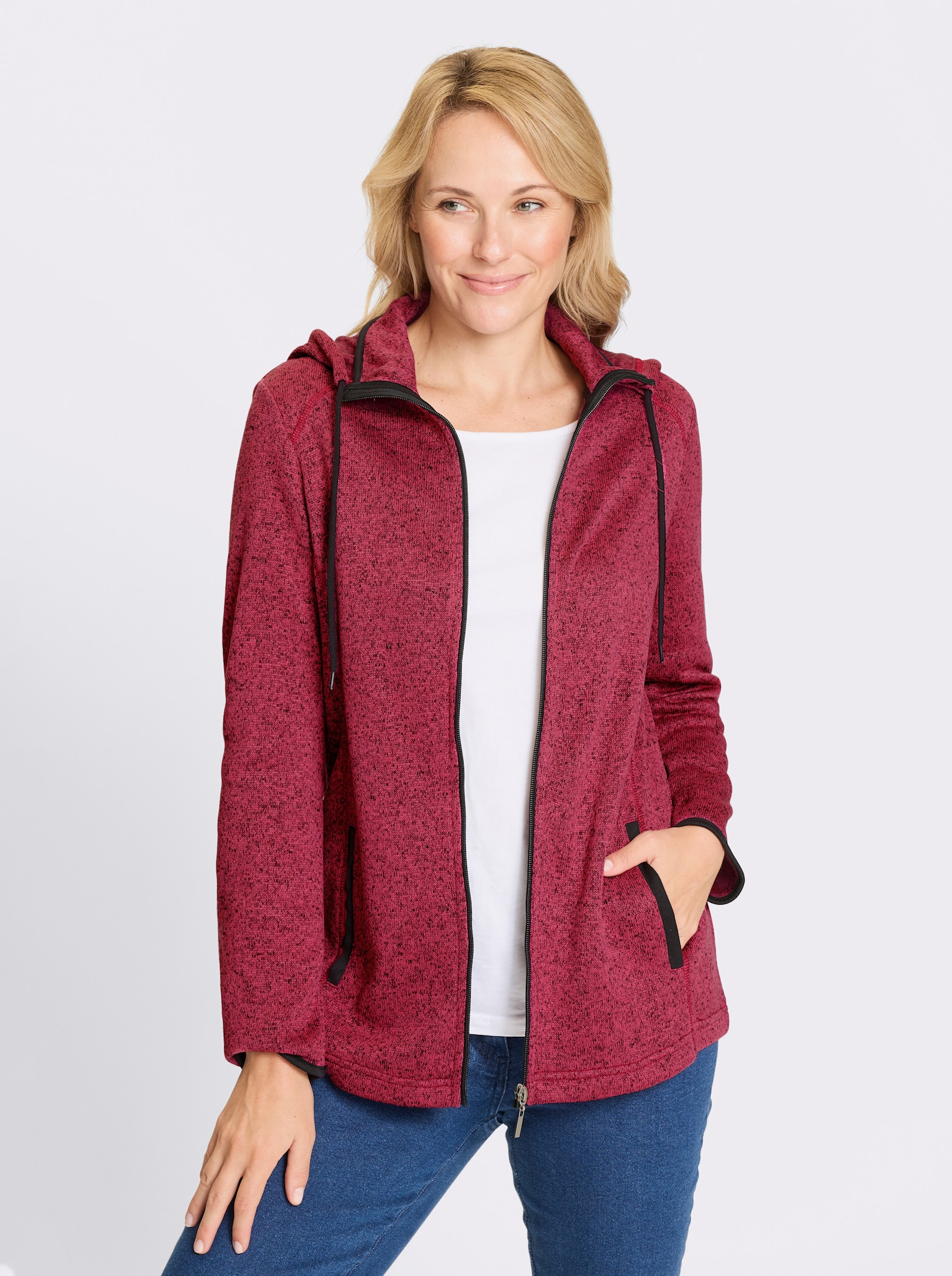 Strickfleecejacke mit Kapuze - fuchsia-schwarz-meliert