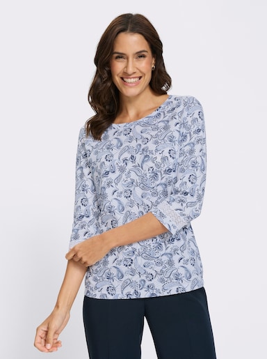 3/4-Arm-Shirt mit Spitzenborte - weiß-bleu-bedruckt