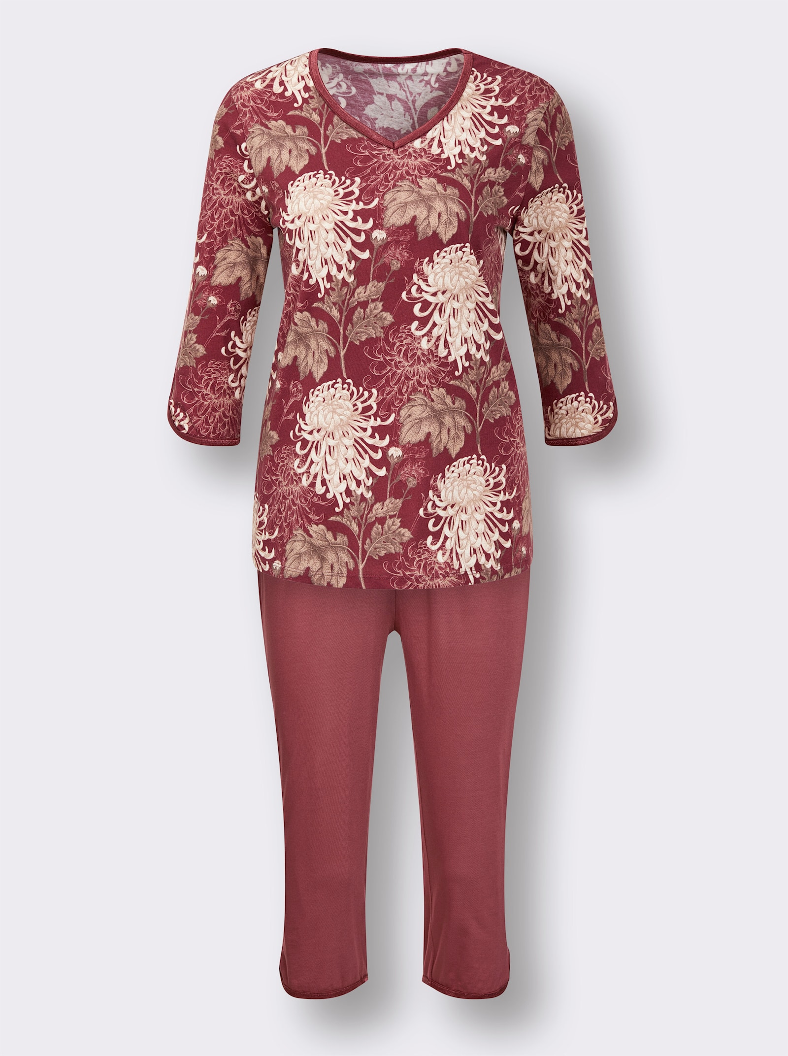 wäschepur Caprianzug mit Blütenprint und Satinpaspel - kirsche-champagner-bedruckt