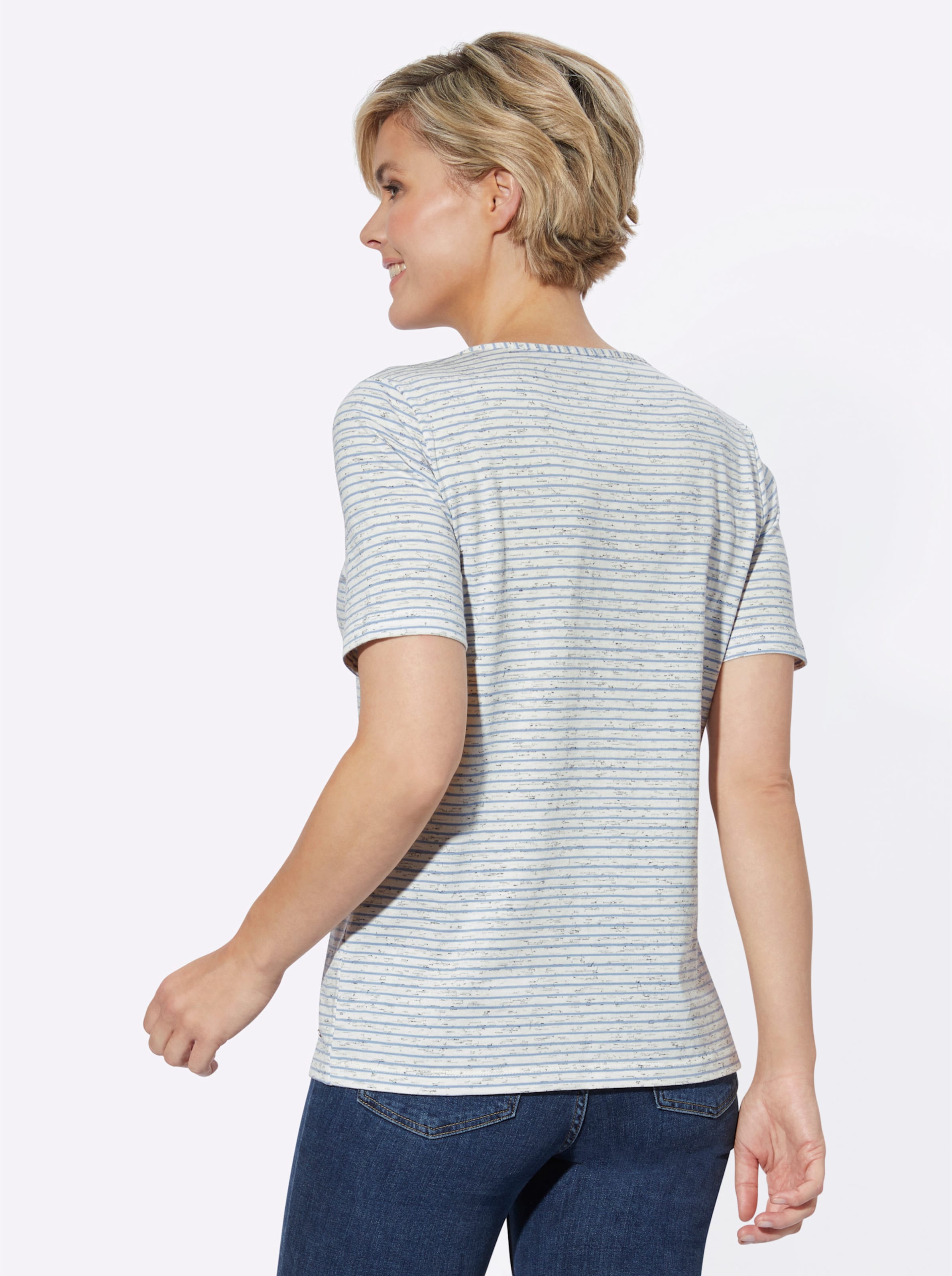 Rundhals Shirt günstig Kaufen-Kurzarmshirt in bleu-geringelt von heine. Kurzarmshirt in bleu-geringelt von heine <![CDATA[Ringelshirt mit hübscher Deko am paspelierten Rundhals-Ausschnitt mit v-förmiger Aussparung. Unterstützt die Initiative Cotton made in Africa.]]>. 