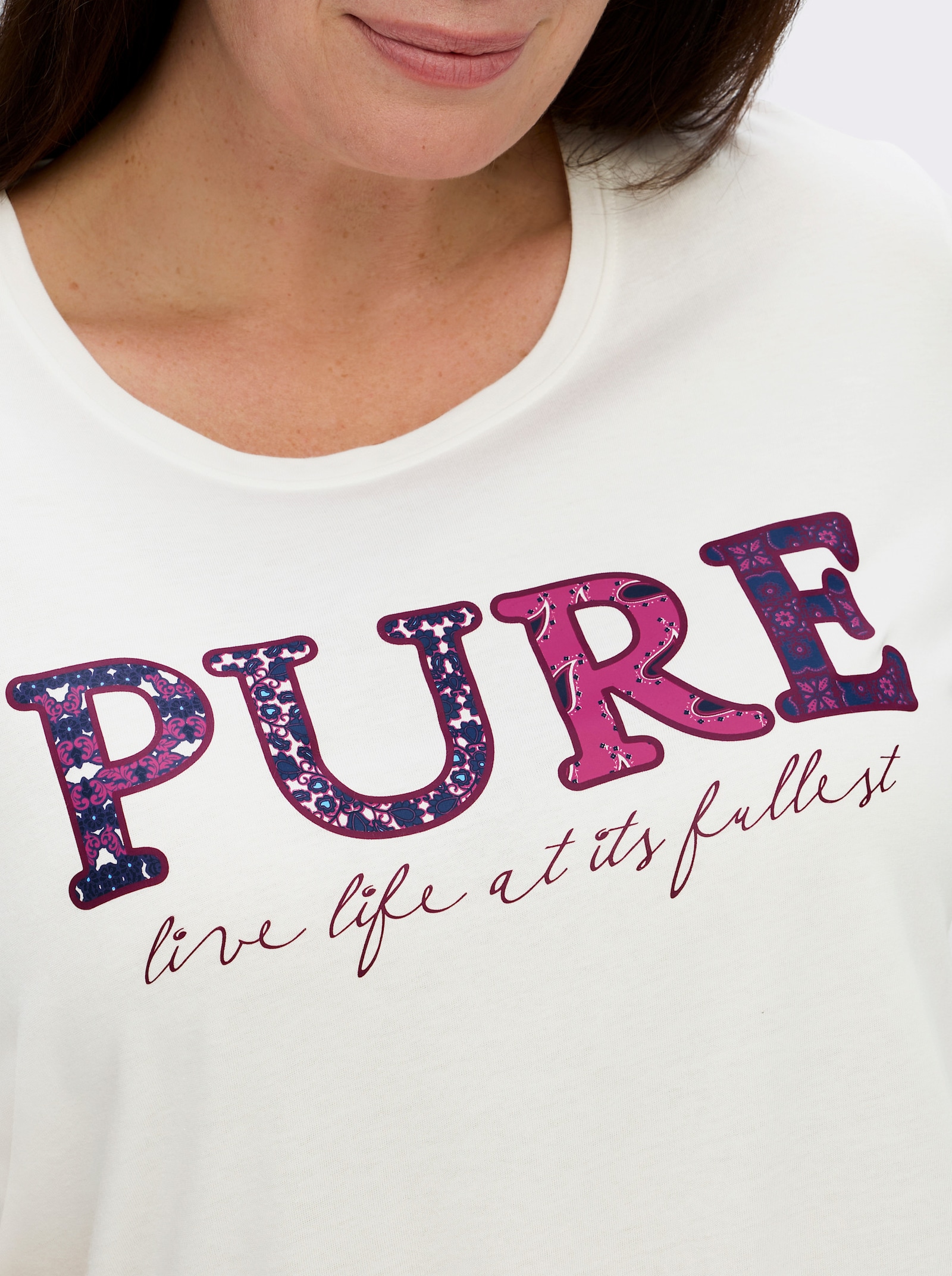 Kurzarmshirt mit Bindeband am Saum - ecru-bedruckt