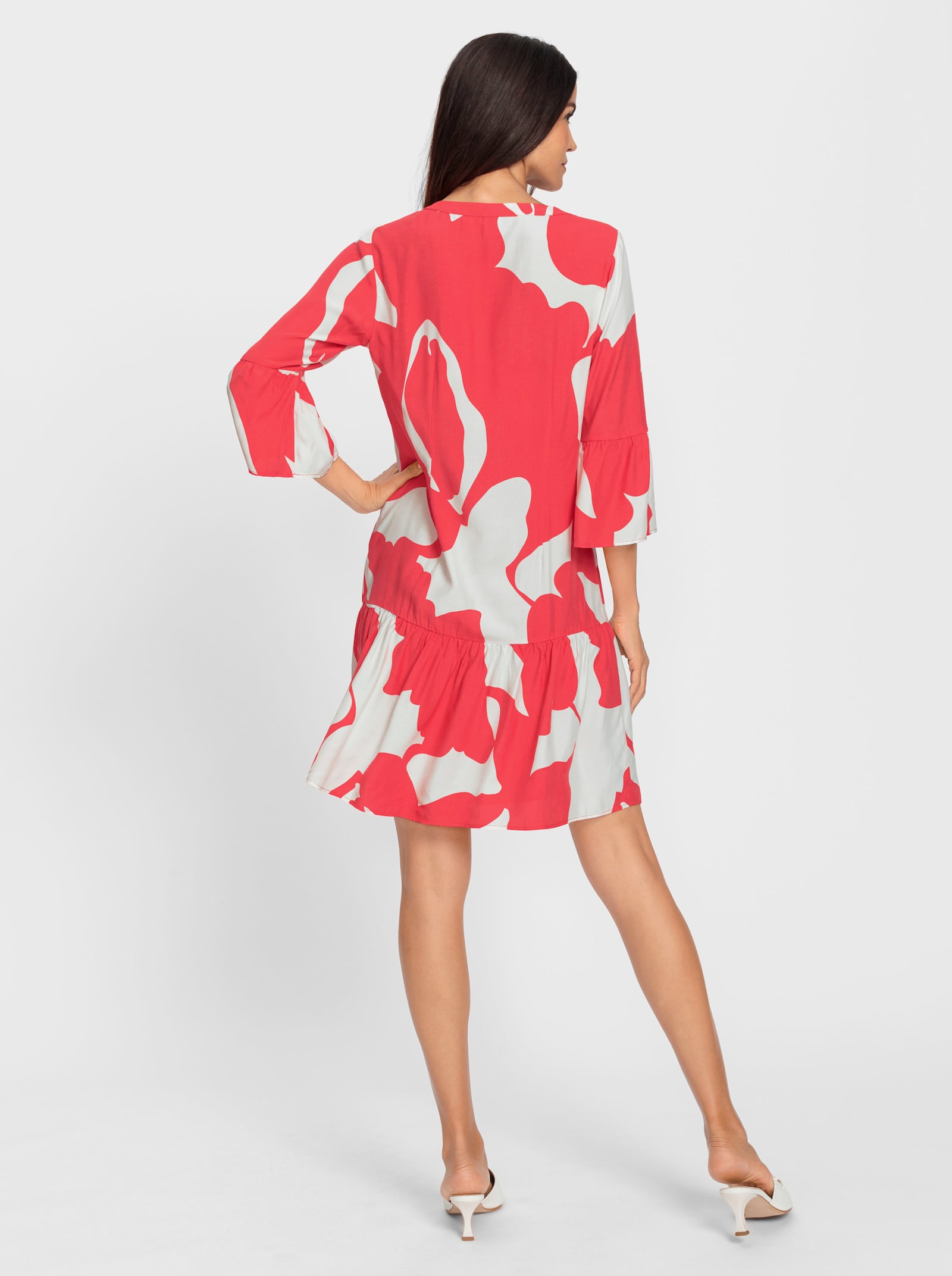 heine Druckkleid mit Trompeten-Ärmeln - hummer-ecru-bedruckt