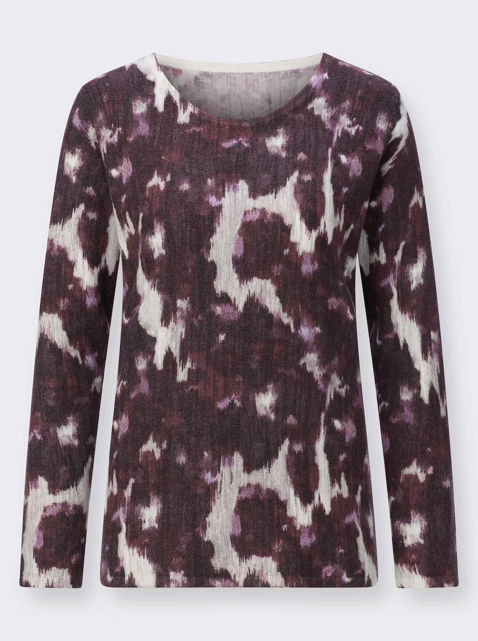 Langarm-Pullover mit Blüten-Druck - ecru-aubergine-bedruckt