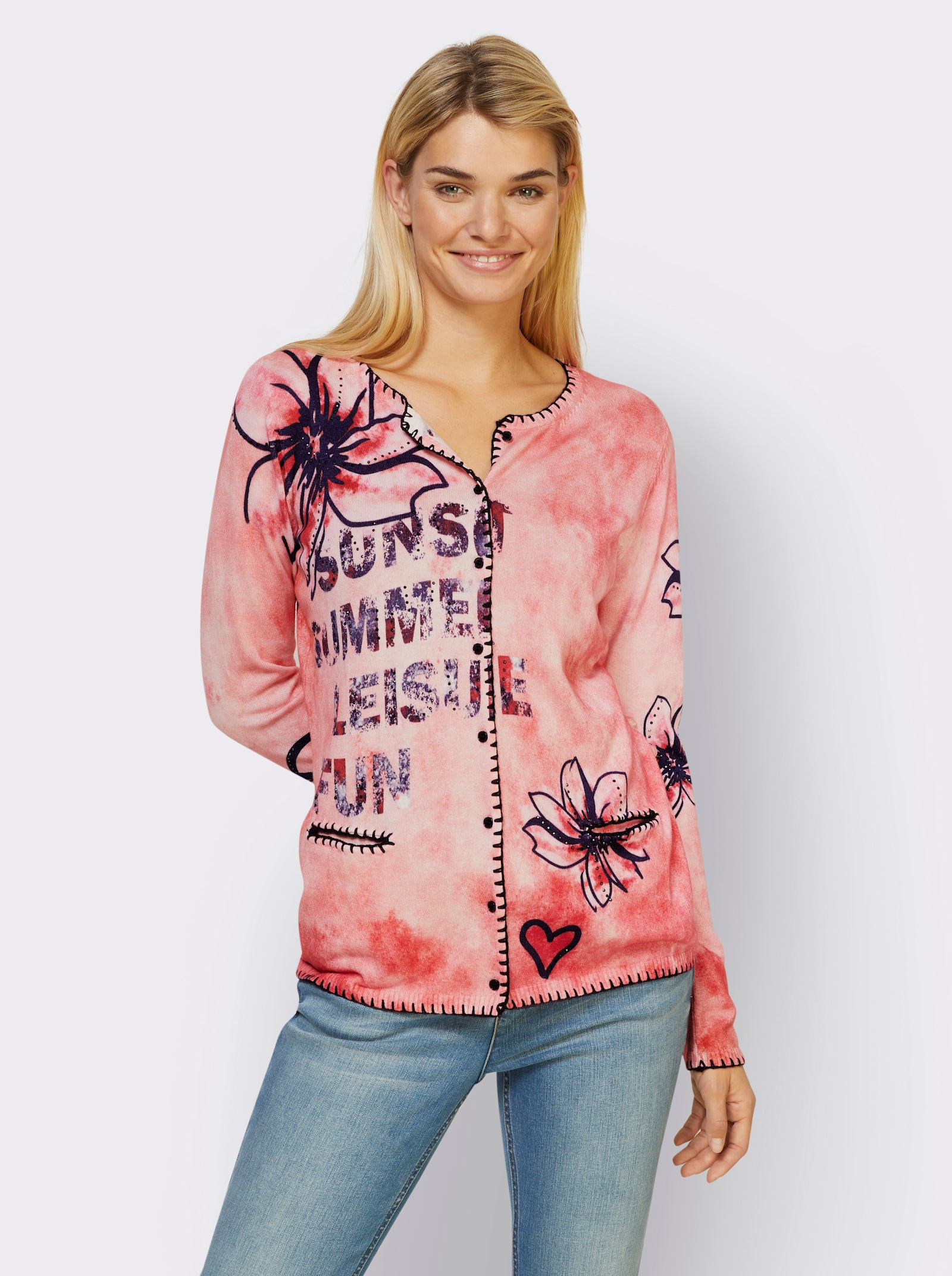 heine Feinstrickjacke mit Handstickerei - hummer-marine-bedruckt