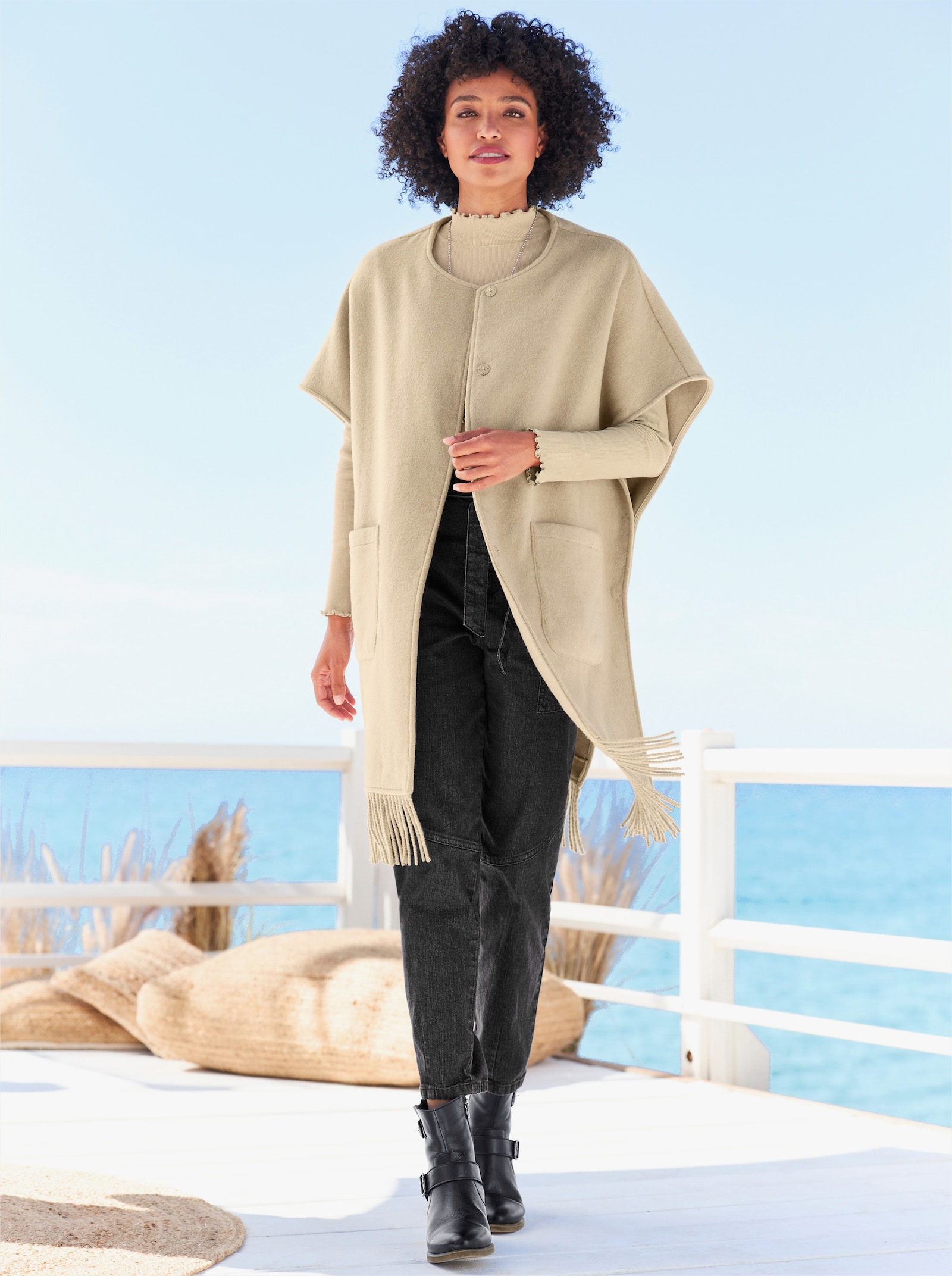 heine Cape mit Fransensaum - beige-meliert