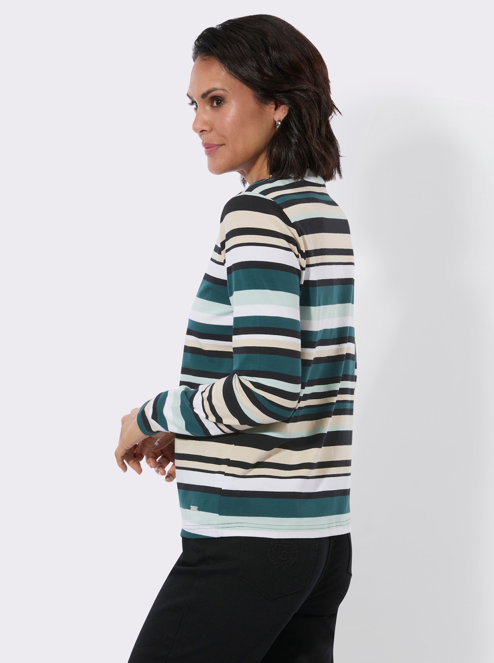 Stehkragenshirt im Ringel-Dessin - petrol-kalkmint-geringelt