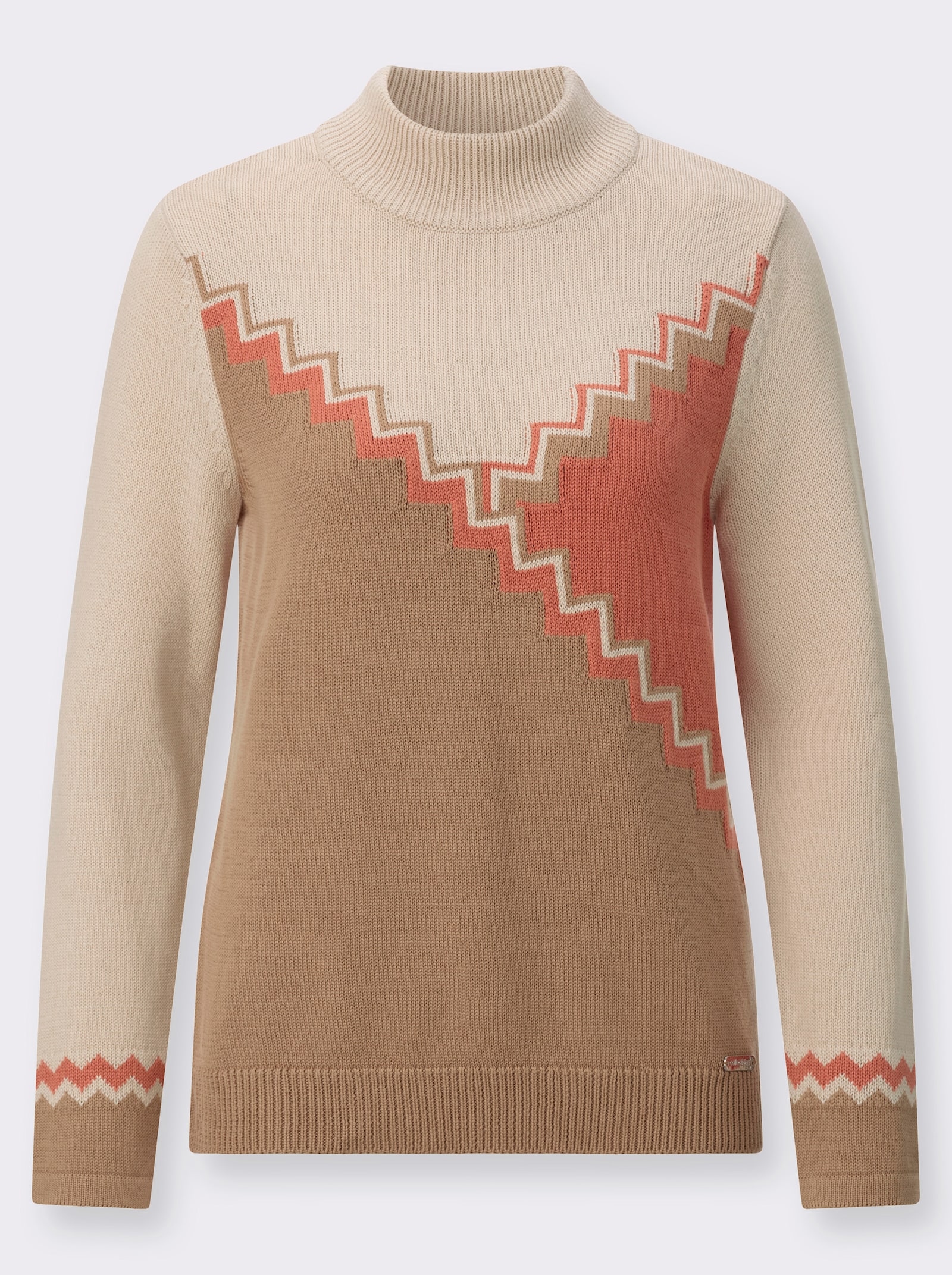 Stehkragen-Pullover - camel-papaya-gemustert
