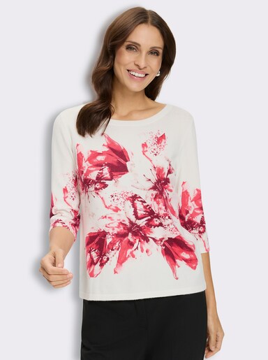 Feinstrickpullover mit 50% Viskose - ecru-koralle-bedruckt
