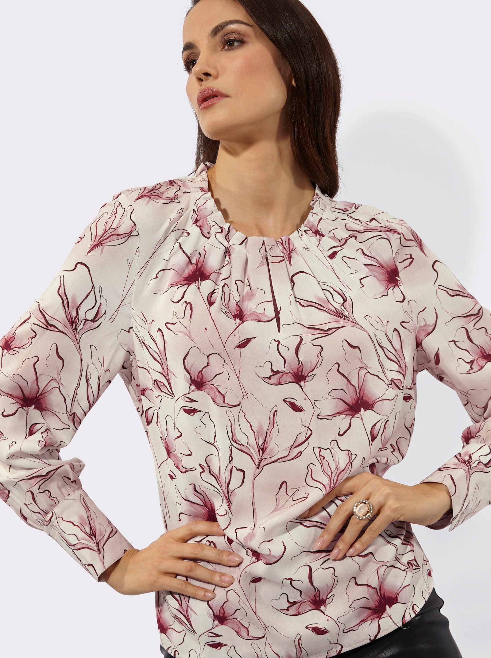 Druckbluse mit knöpfbaren Manschetten - hortensie-bordeaux-bedruckt