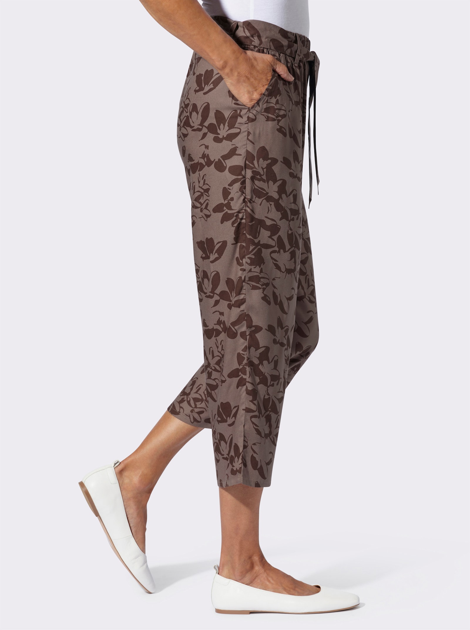 7/8 kalhoty s potištěným páskem na zavázání - tmavá taupe-čokoládová-potisk