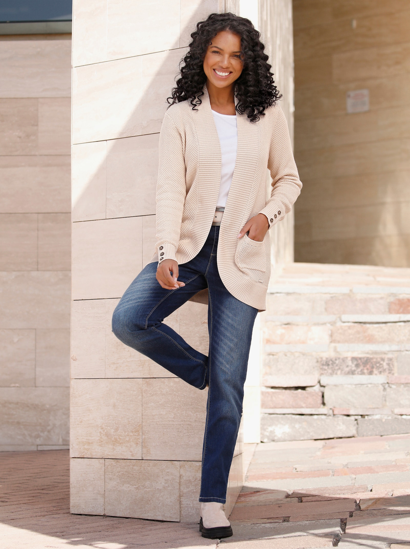 Longstrickjacke mit Struktur-Muster - elfenbein