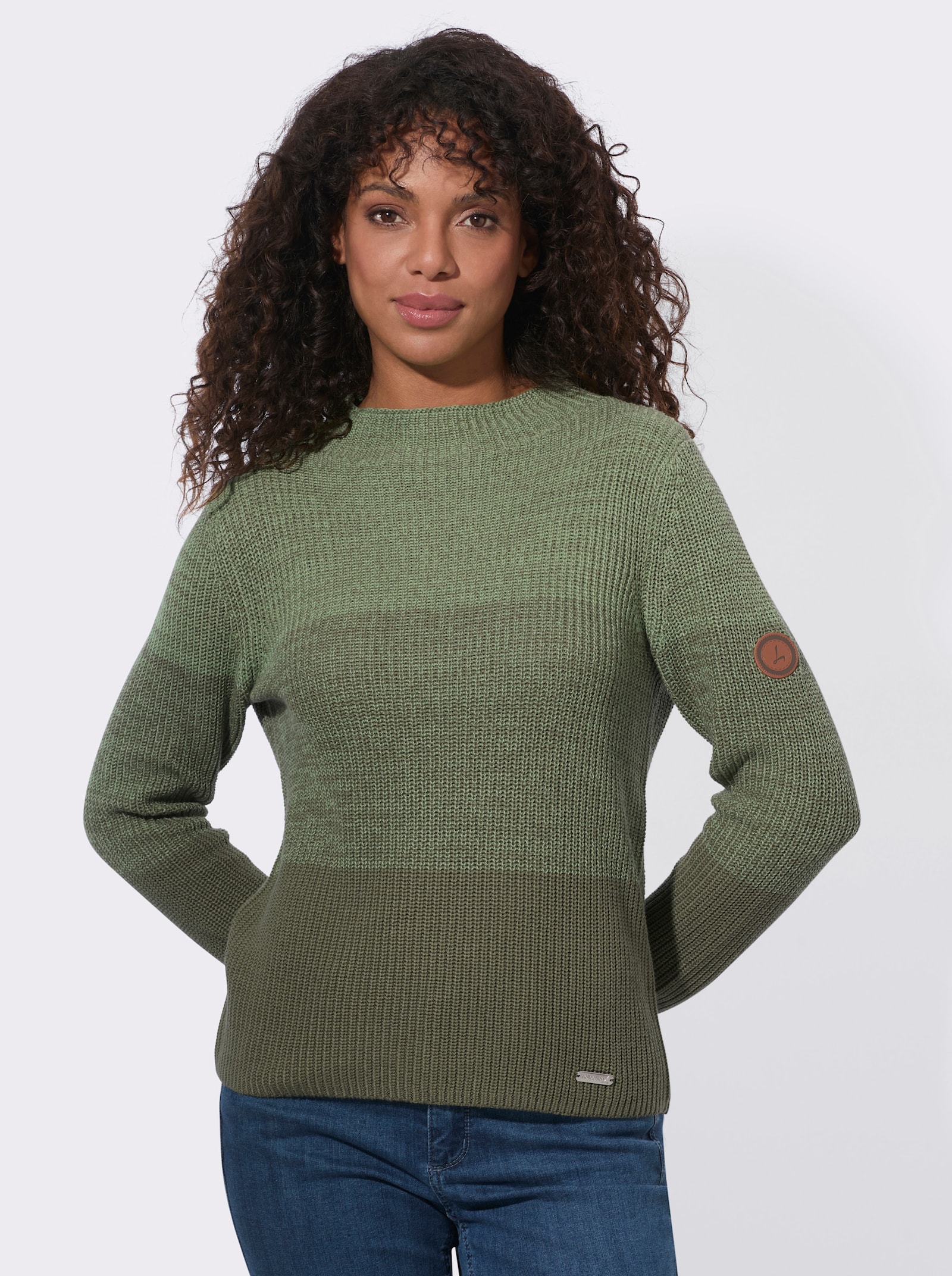  Stehkragenpullover mit Colourblocking - eucalyptus-khaki-geringelt