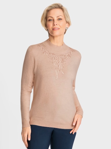 Stehkragenpullover mit Stickerei - puder-meliert