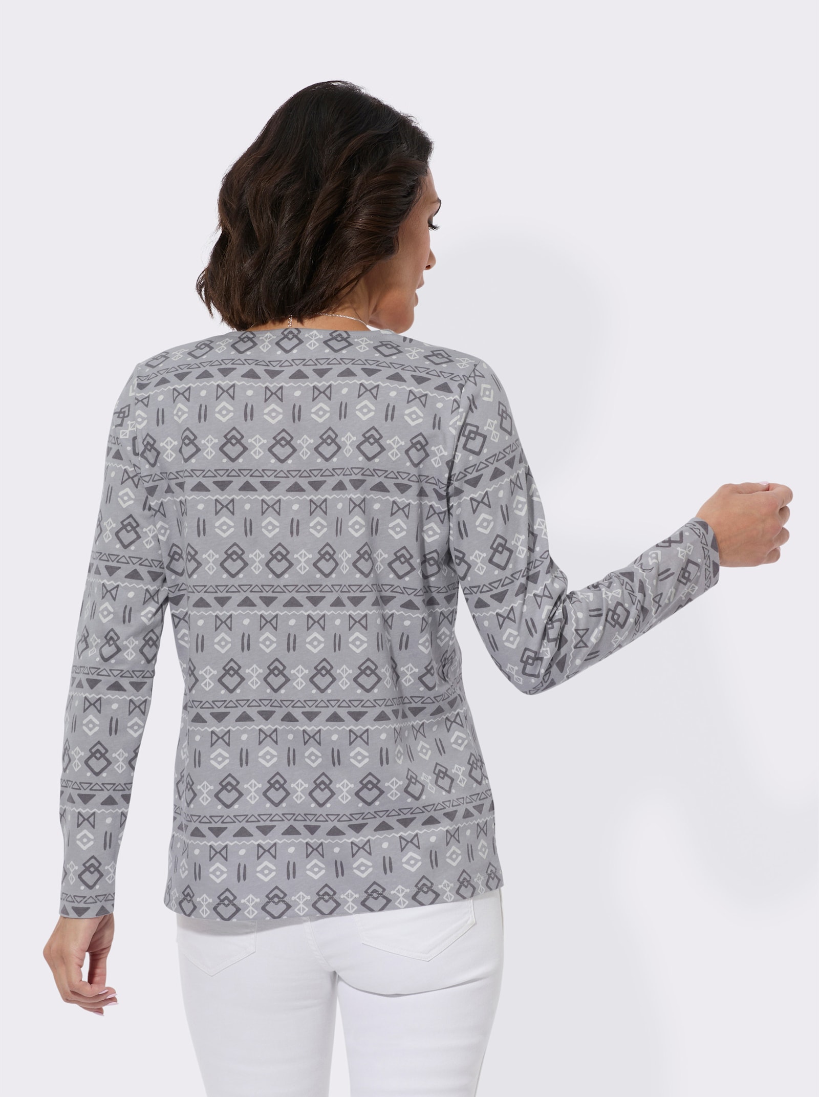 Print-Shirt mit paspeliertem Rundhals-Ausschnitt - steingrau-bedruckt