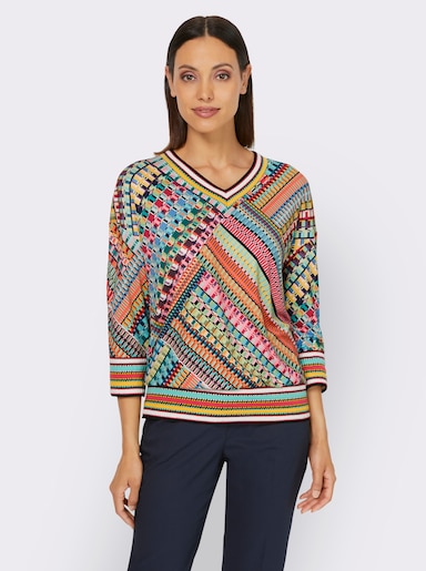 heine 3/4-Arm-Shirt mit V-Ausschnitt - smaragd-pink-gemustert