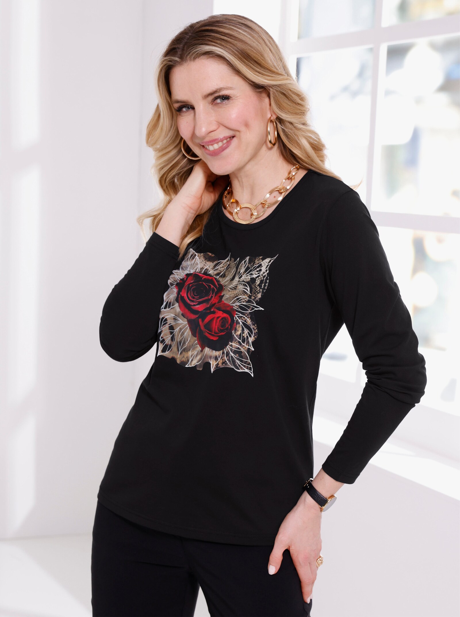 Langarmshirt mit platziertem Rosen-Leo-Print - schwarz