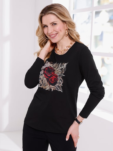 Langarmshirt mit platziertem Rosen-Leo-Print - schwarz