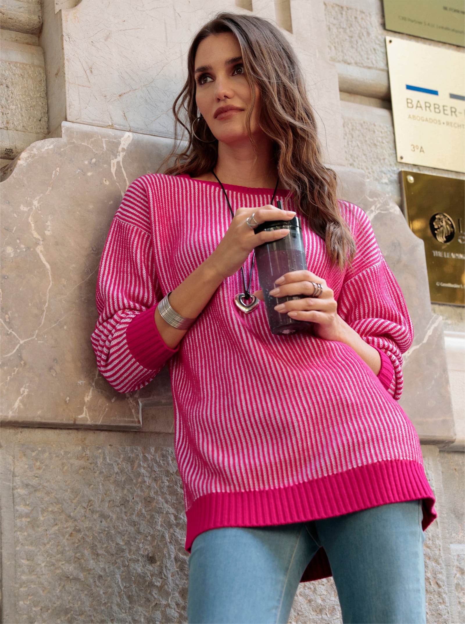 Longpullover in Ripp-Optik - pink-weiß