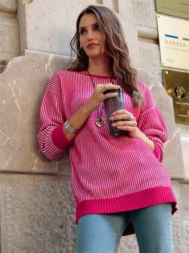Longpullover in Ripp-Optik - pink-weiß