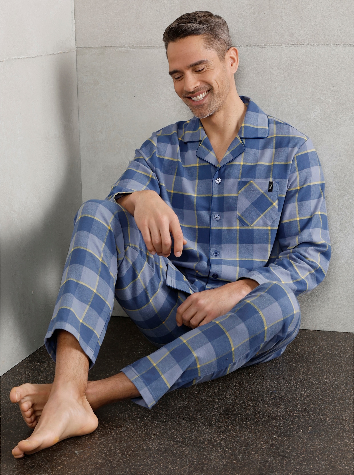wäschepur men Pyjama - jeansblau-gelb-kariert