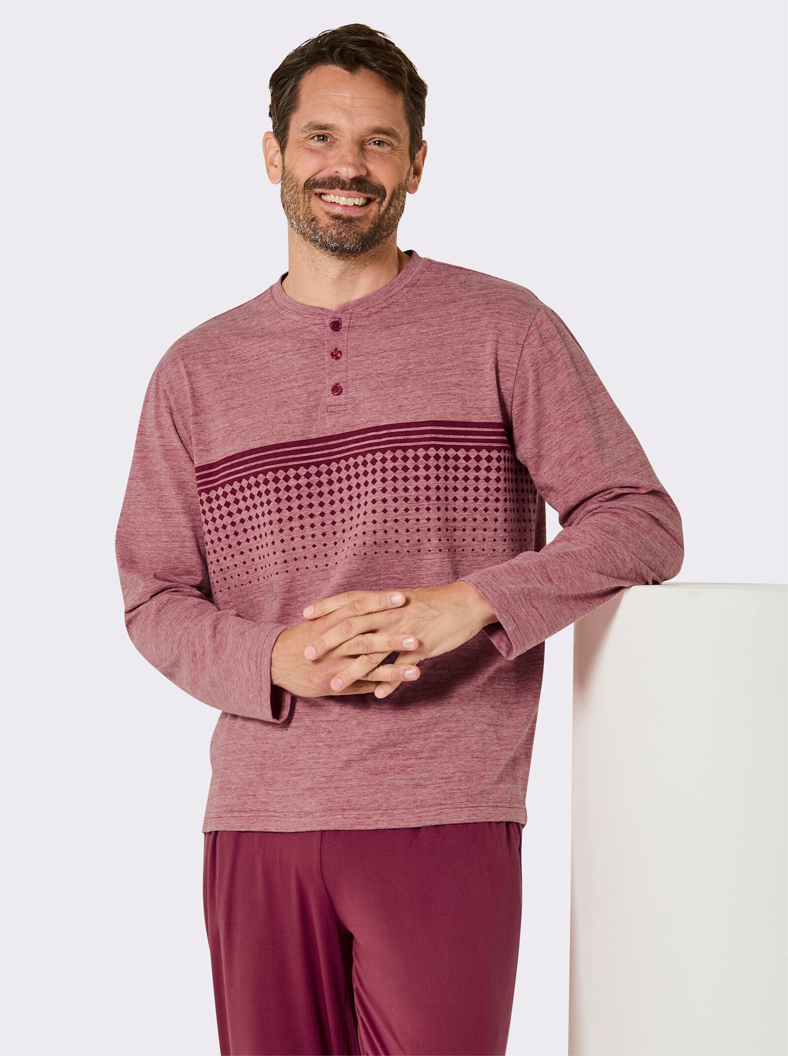 wäschepur men Schlafanzug mit weiter Hose - dunkelrot-beige-meliert