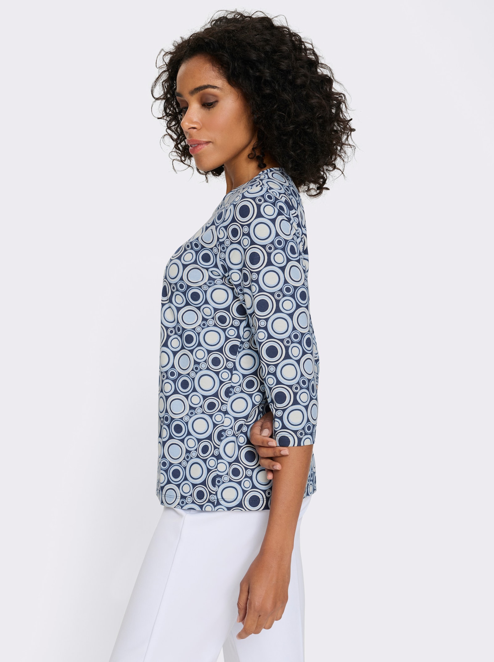 3/4-Arm-Shirt mit Kreise-Muster, Baumwolle - marine-ecru-gemustert