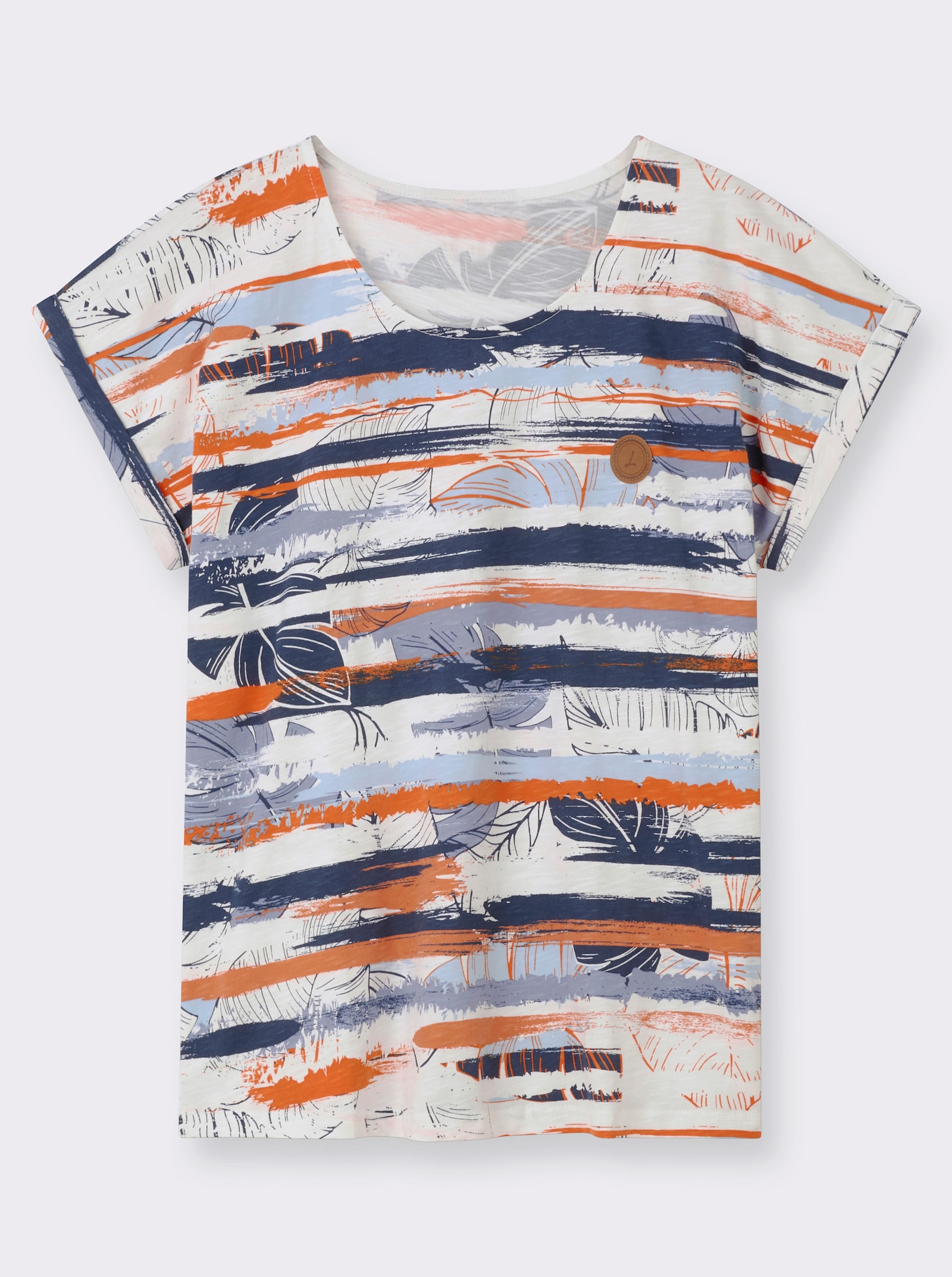 Print-Shirt mit vorne abgerundetem Saum - dunkelblau-papaya-bedruckt