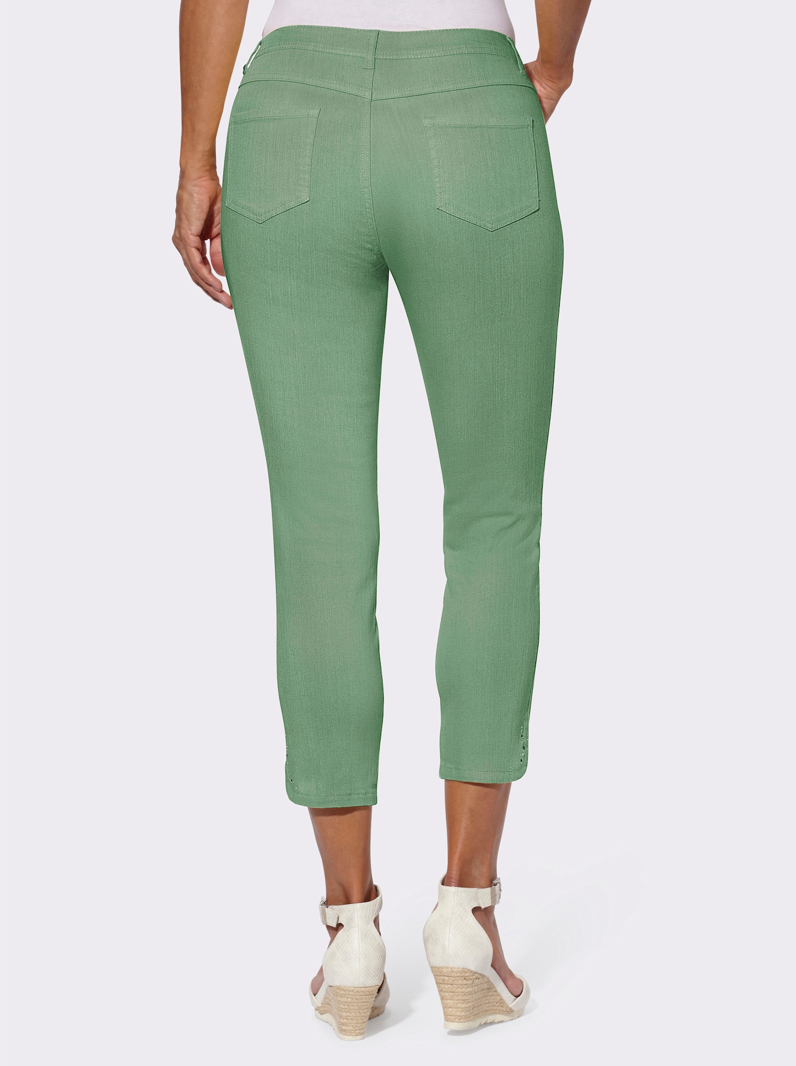 7/8-Jeans mit Glitzersteinchen an den Beinschlitzen - eucalyptus