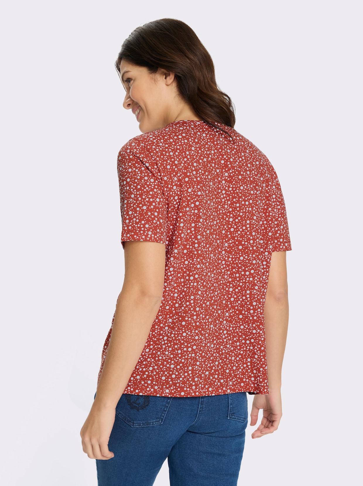 Kurzarmshirt im Punktedessin - rostrot-weiß-bedruckt