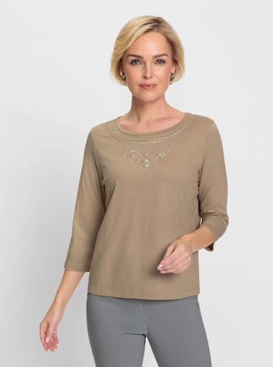 Rundhalsshirt mit Stickerei - beige