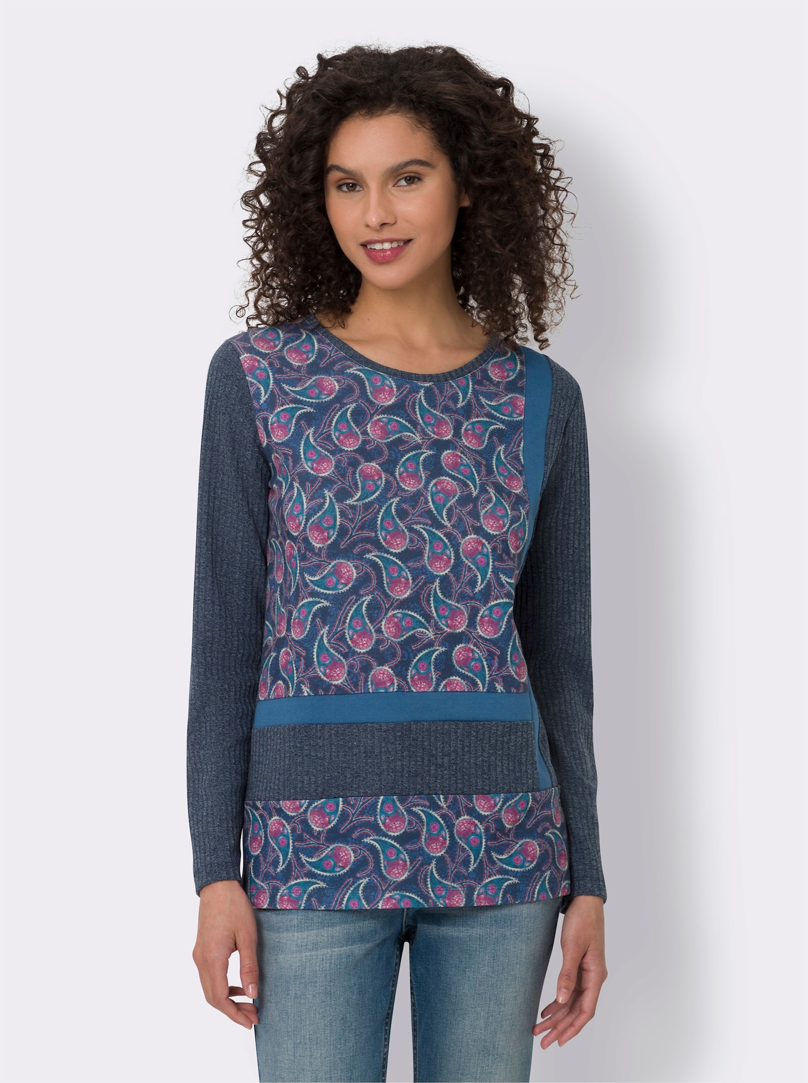 heine Shirt met lange mouwen in patchlook voor - donkerblauw/roze bedrukt