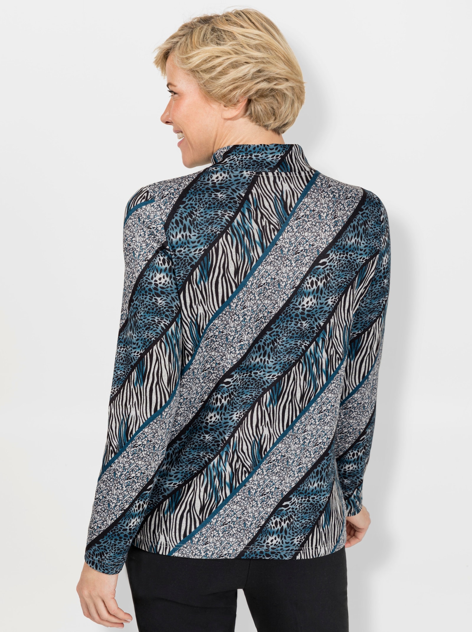 Langarmshirt mit Stehkragen - aquapetrol-schwarz-bedruckt