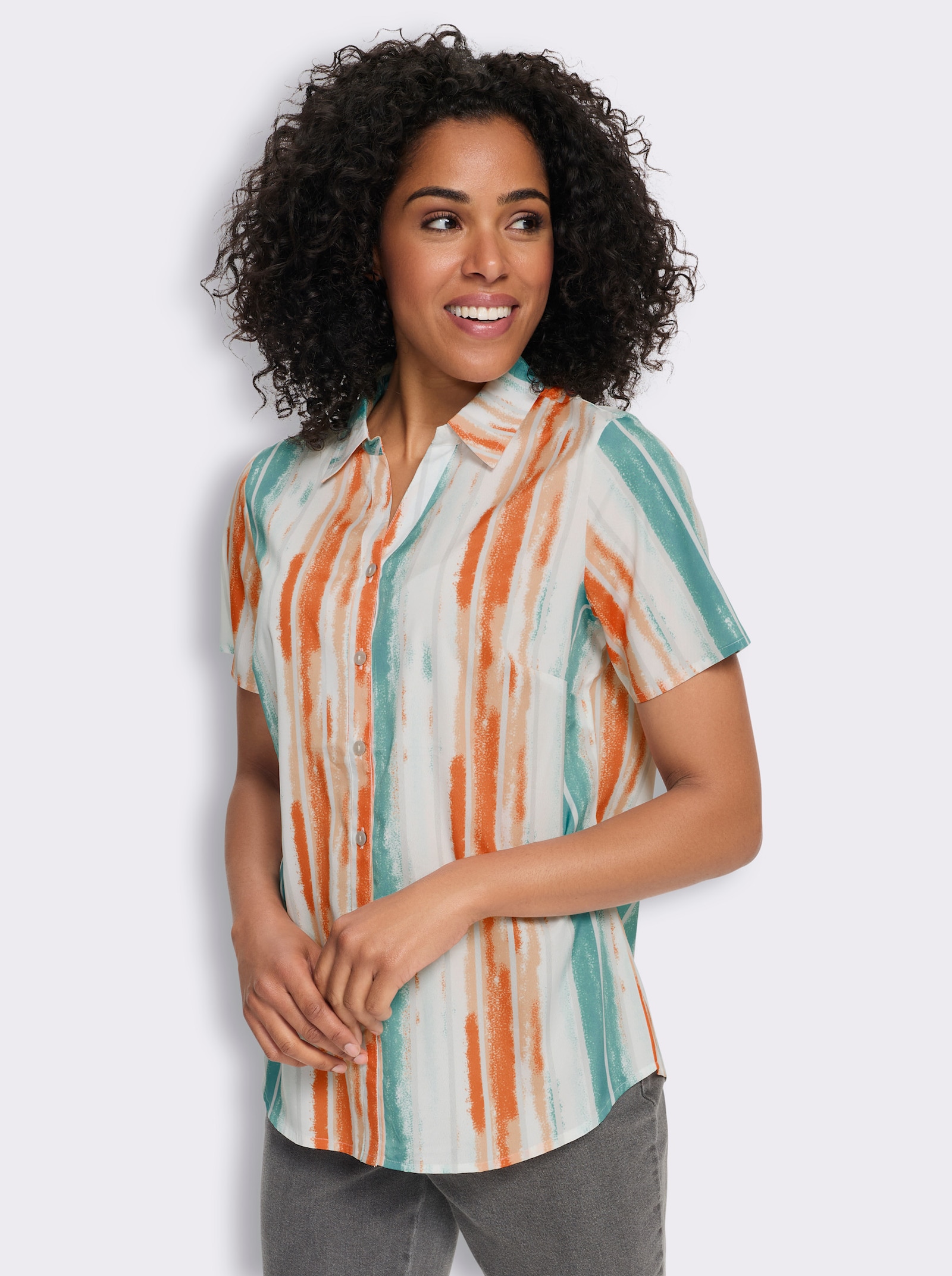 Blouse met korte mouwen en afgeronde zoom - apricot/oceaan bedrukt