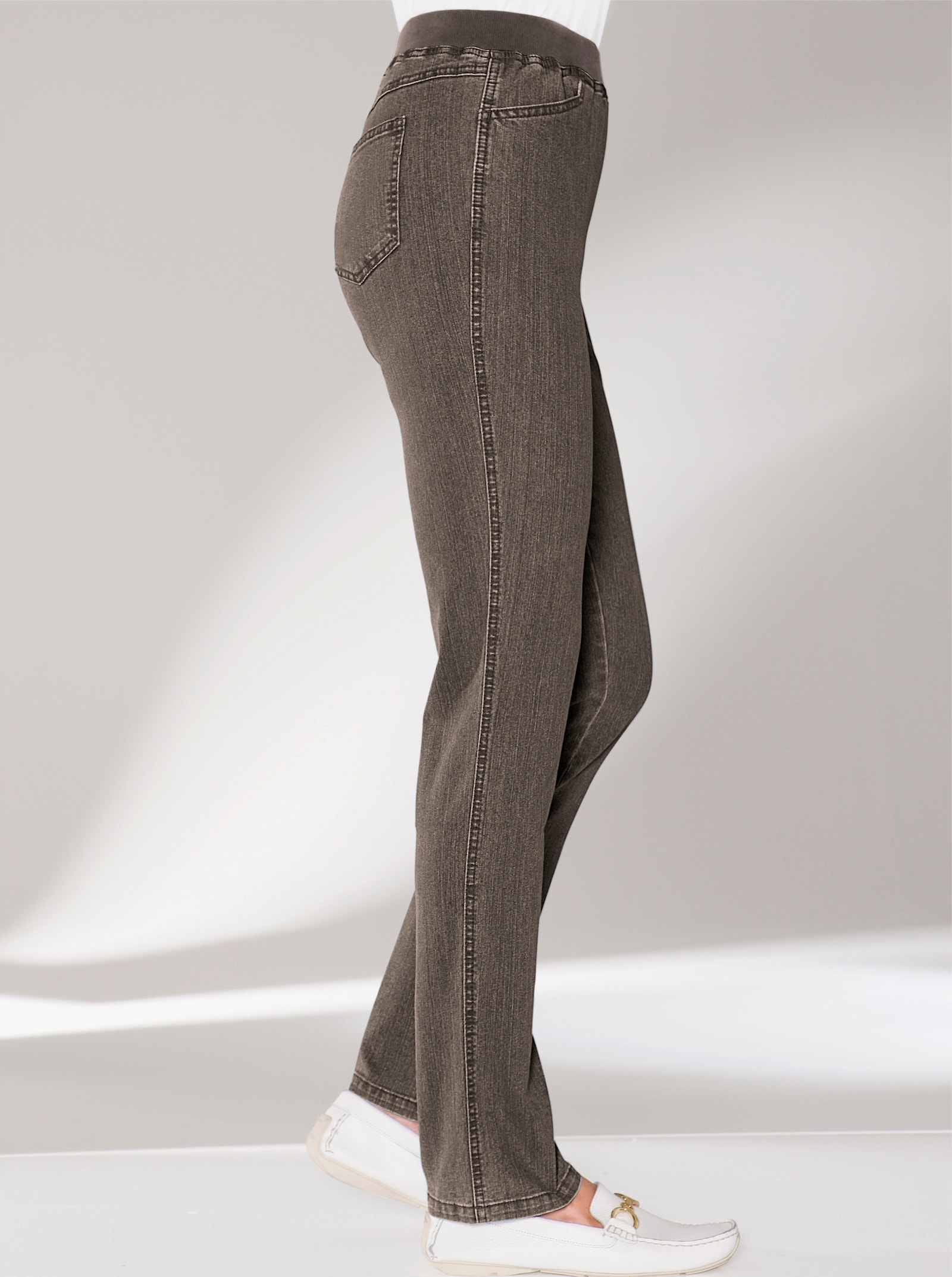 Stretchjeans met comfortband rondom - taupe