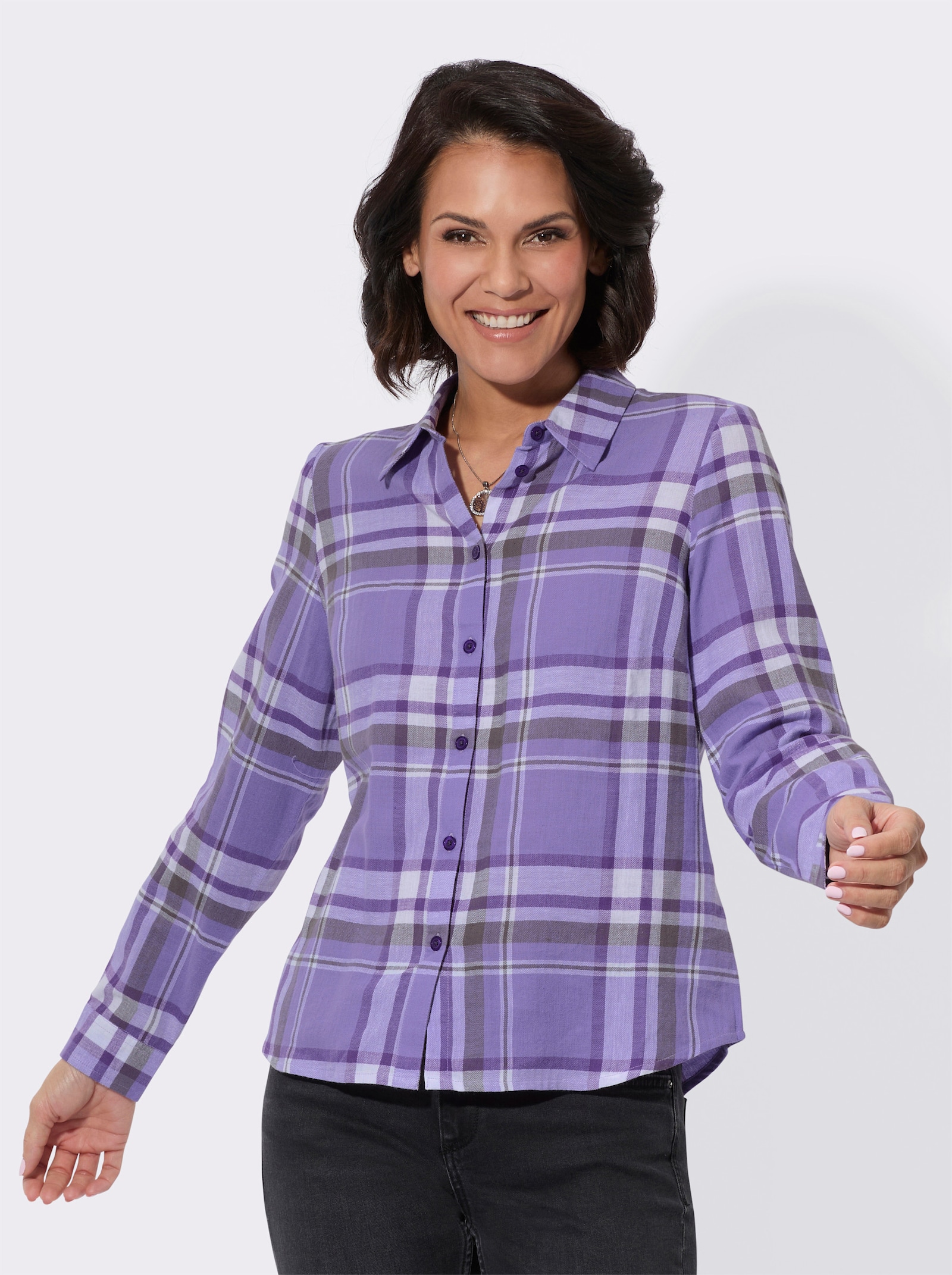 Flanelová halenka s kostkovaným vzorem z barvené příze - lila-levandulová-kostka