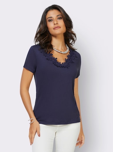 Kurzarmshirt mit Blütenspitze, ECOVERO-Qualität - nachtblau