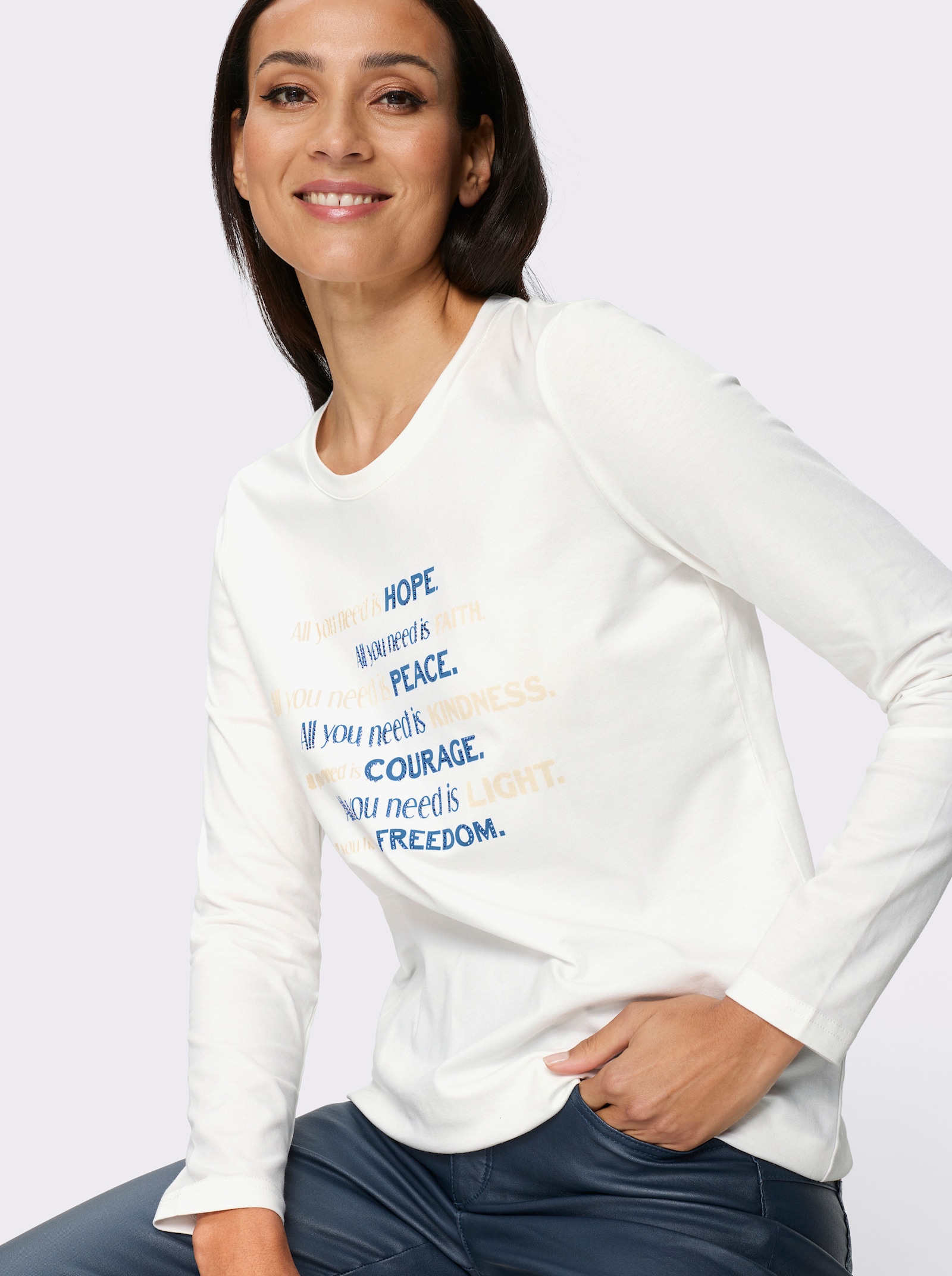 heine Langarmshirt Mit Ziersteinchen - ecru-mittelblau-gemustert