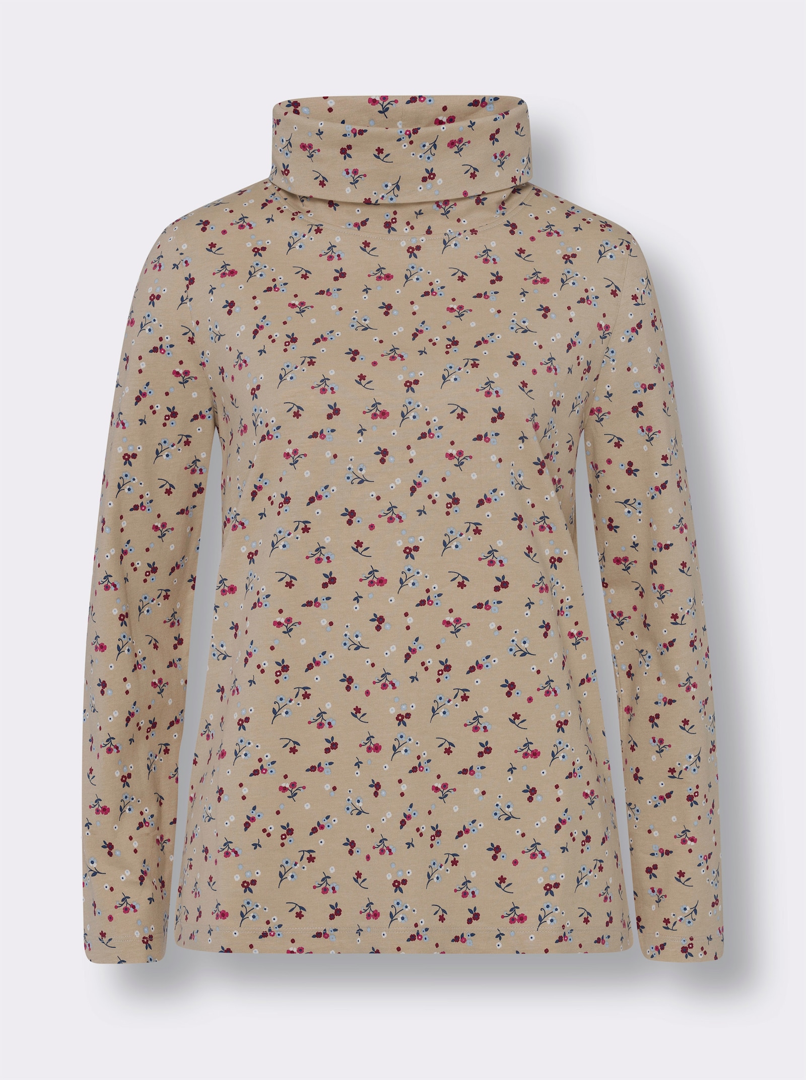 Tričko s rolákem a květinovým vzorem - béžová-ledová modrá-potisk