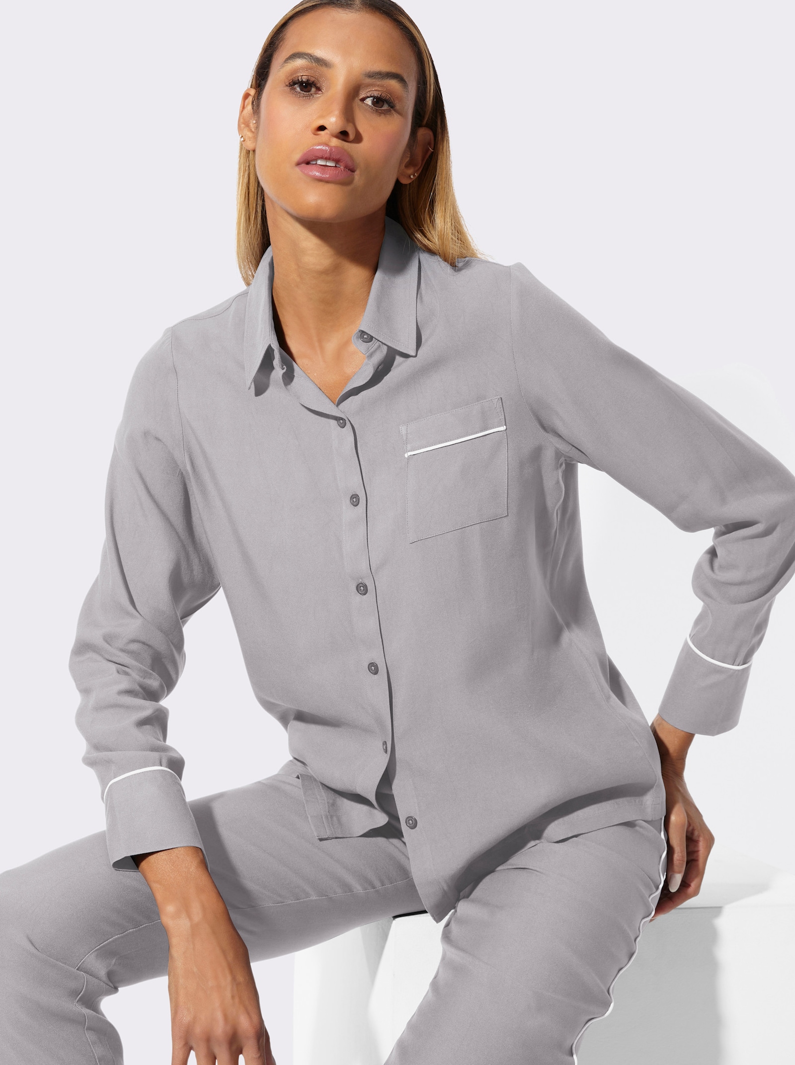 wäschepur Pyjama mit Brusttasche - steingrau-ecru