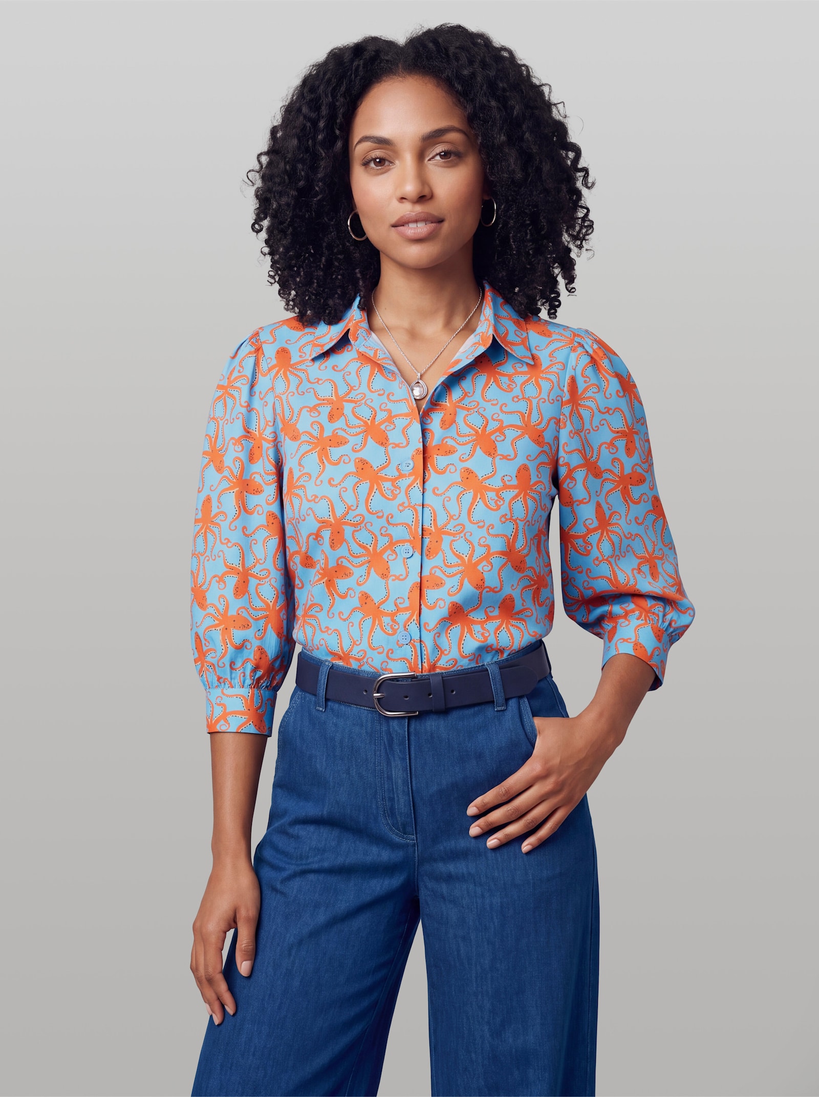 heine Druckbluse mit Kraken-Dessin - aqua-orange-bedruckt
