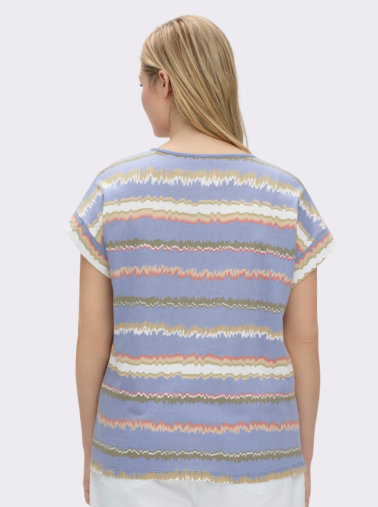 Print-Shirt mit Ziernähten, geringelt - taubenblau-ecru-bedruckt